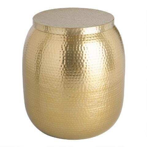 Cala Gold Hammered Metal Drum Storage Accent Table | World Market