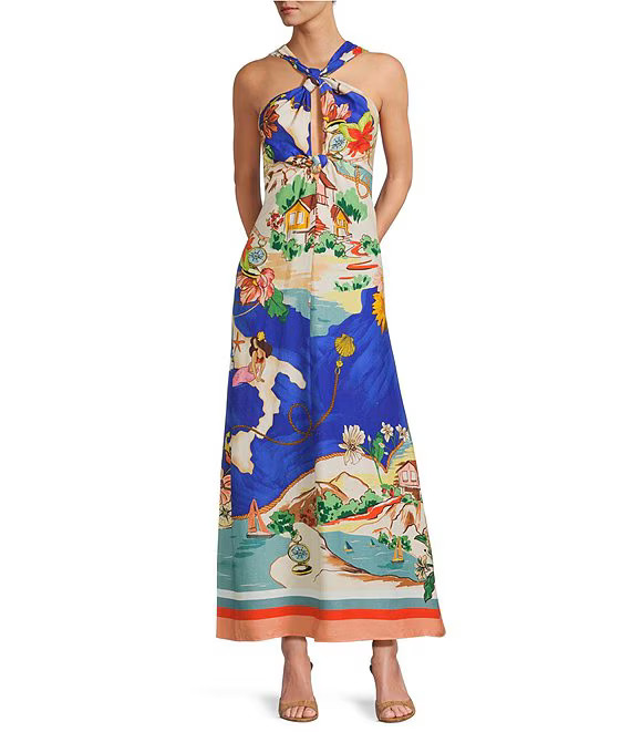 Bronwyn Linen Blend Ocean Print Cutout Halter A-Line Maxi Dress | Dillard's