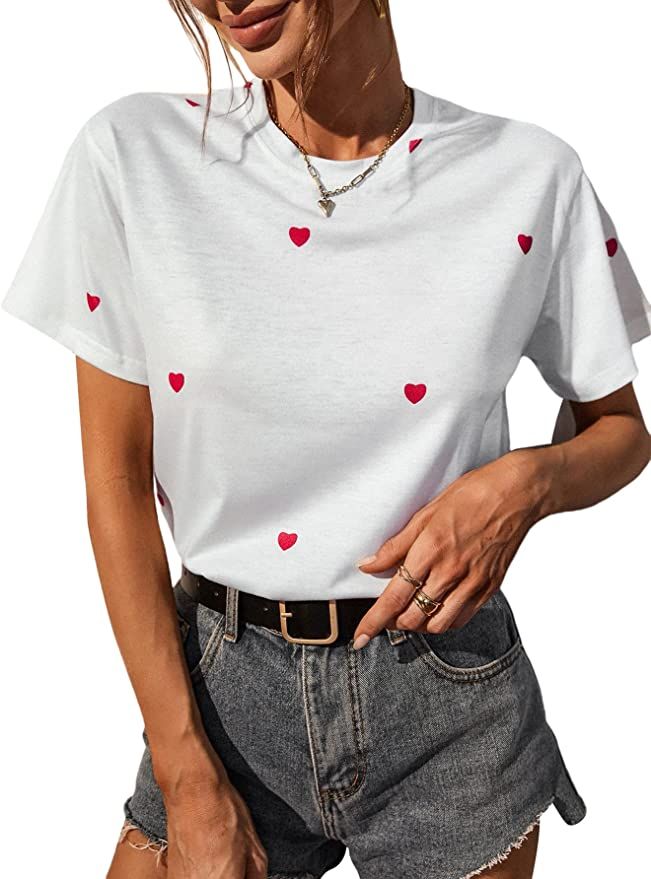 SheIn Women's Summer Heart Print Short Sleeve Tee Round Neck Casual T Shirt Tops | Amazon (US)