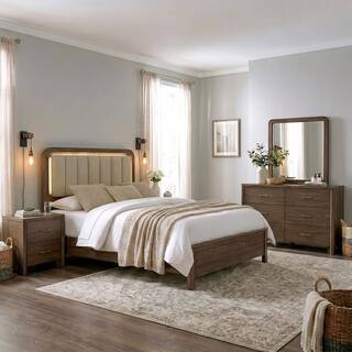 Obie 4-Piece Walnut Upholstered King Panel Bedroom Set with Nightstand and Dresser/Mirror | The Home Depot