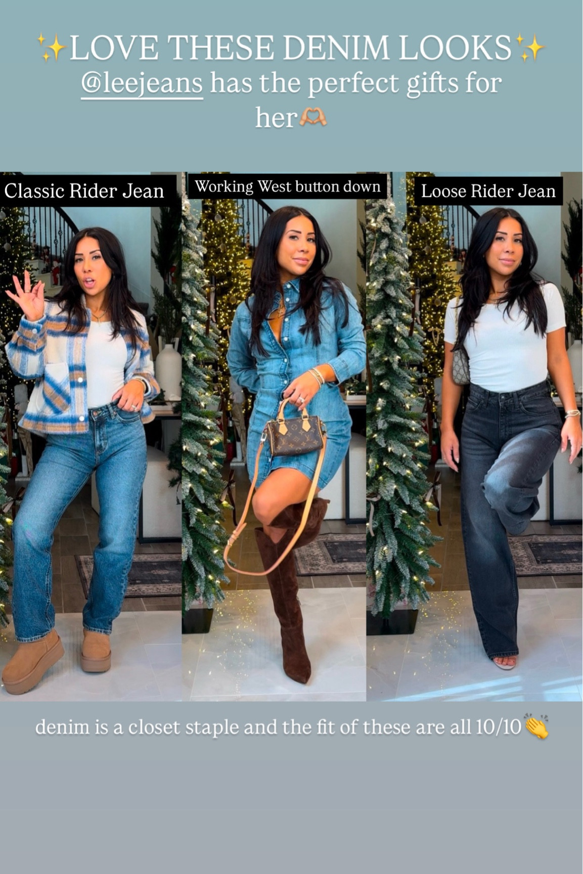 All she wants for Christmas is a good pair of denim from @leejeans 🎄🎁  The jeans and tops are so comfortable and versatile they can be worn year round! I love a good pair of relaxed jeans for errands and shopping trips! Not to mention the denim dress is a closet staple and perfect for the rodeo just a couple months away 🤭 #LeePartner #LeeJeans

Comment “Lee” to get the links sent directly to your DM🫶🏼

@shop.LTK #liketkit 

#denimjeans #holiday #christmas #holidaygifts #christmasgifts #jeans #fashion #momsofinstagram #outfitinspo #denim  #fashionstyle #winterfashion #fallfashion 


Comment SHOP below to receive a DM with the link to shop this post on my LTK ⬇ https://liketk.it/501Xm #ltkholiday #ltkgiftguide #ltkseasonal

#LTKHoliday #LTKGiftGuide #LTKSeasonal