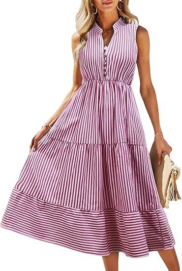 Floerns Women's Striped Print Notched Neck Sleeveless Ruffle A Line Midi Dress | Amazon (US)
