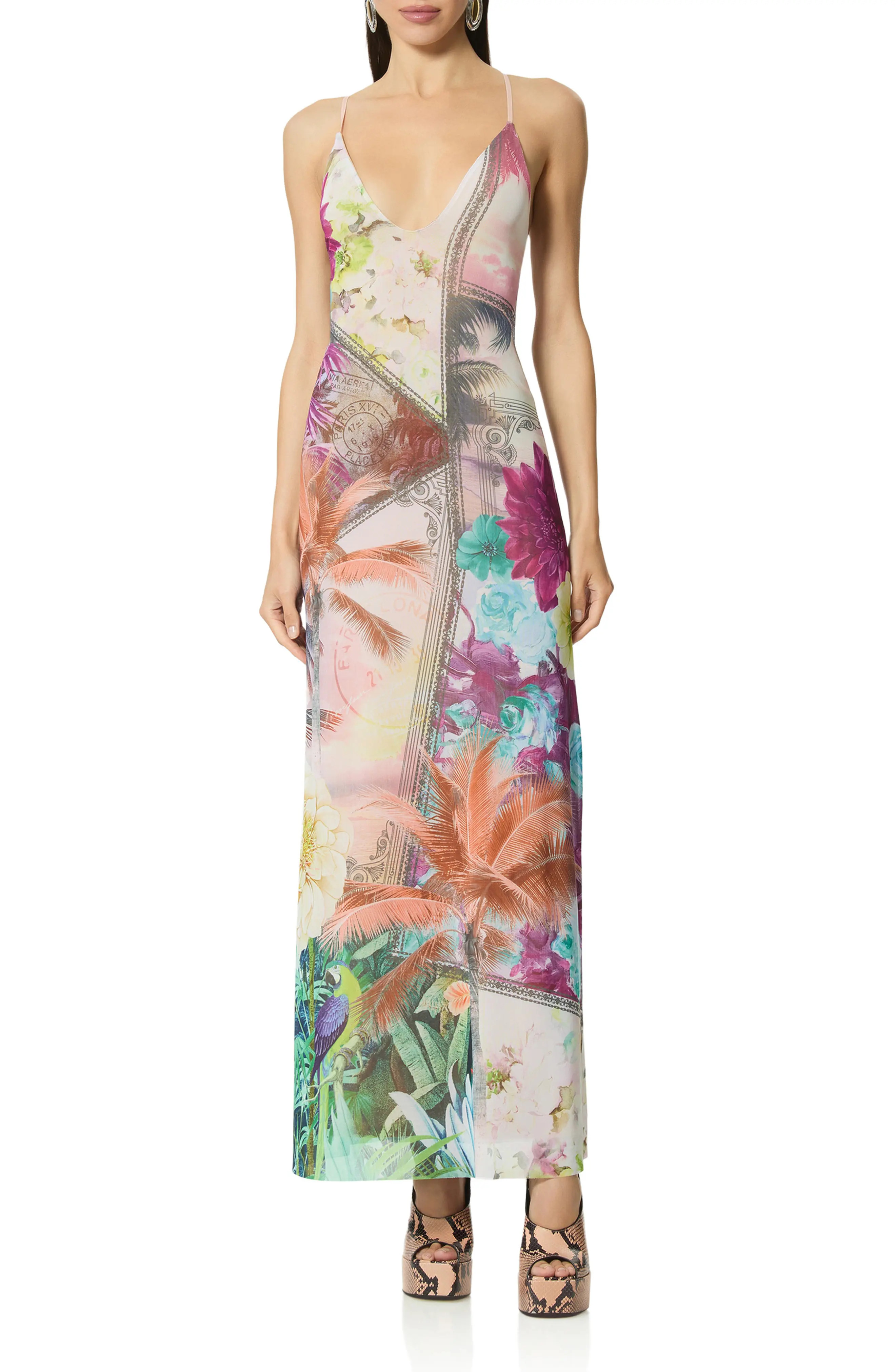 AFRM Romy Postcard Print Mesh Slipdress in Vacation Tropic at Nordstrom, Size X-Small | Nordstrom