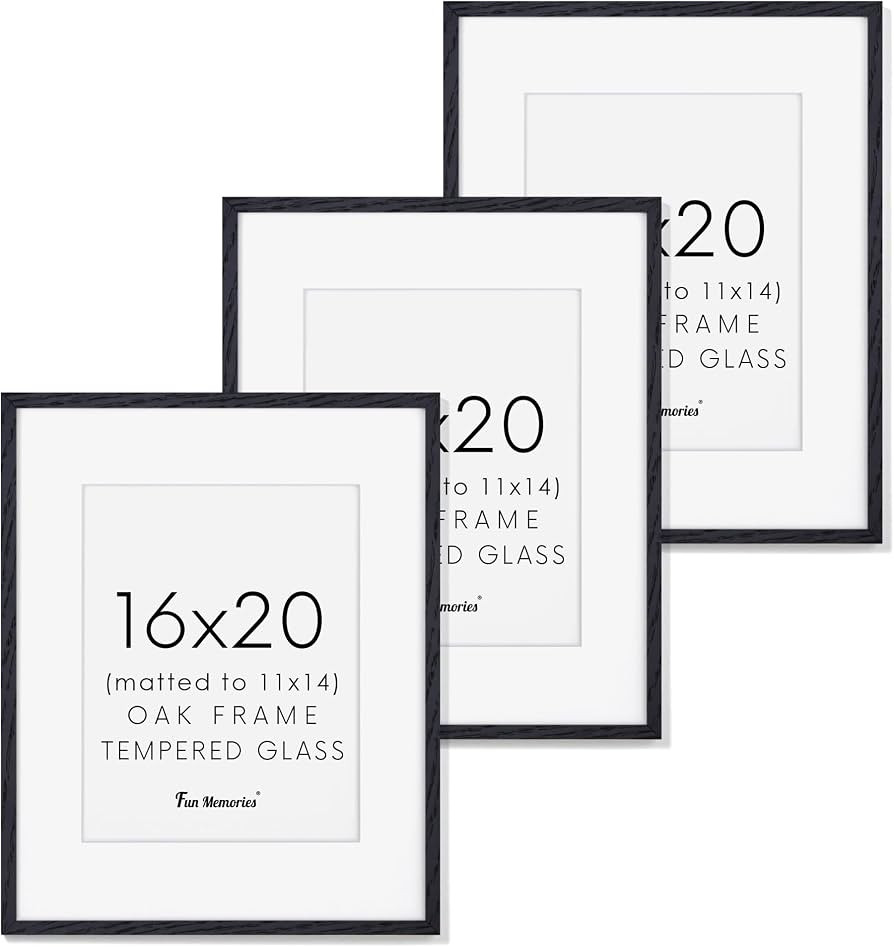 Fun Memories 16x20 Black Oak Wood Picture Frames, Set of 3 with Tempered Glass and Mat for 11x14 | Amazon (US)