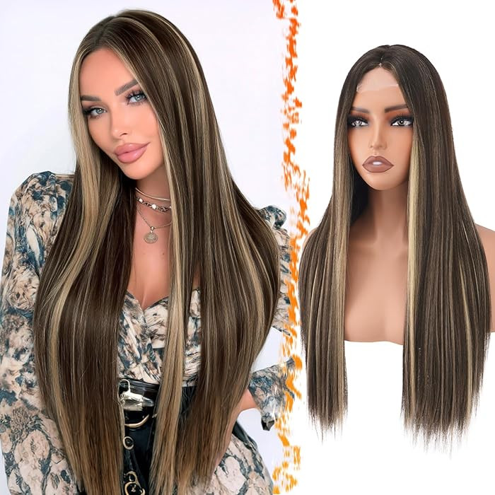 BARSDAR Long Straight Highlight Wig - Long Straight Middle Part Balayage Blonde Highlights Wigs f... | Amazon (US)