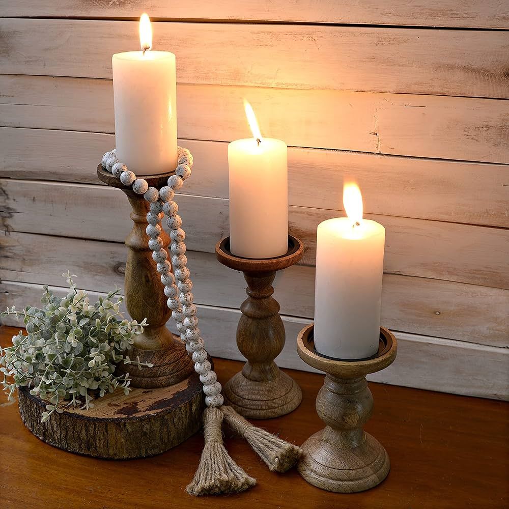 Rustic Pillar Candle Holder, Pillar Candle Holders Set of 3, Candle Holders Table Centerpiece, Ca... | Amazon (US)