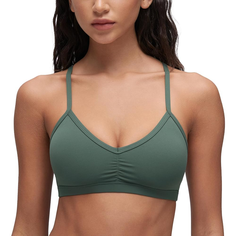 CRZ YOGA Butterluxe Womens Ruched V Neck Sports Bra - Y Back Spaghetti Thin Strap Wireless Padded... | Amazon (US)