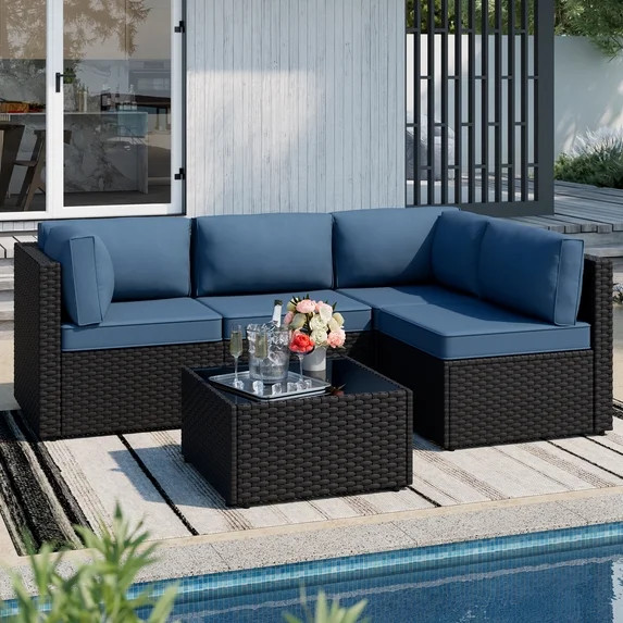 Walsunny 5 Pieces Outdoor Furniture Patio Sectional Sofa Set, Wicker Rattan Conversation Sets wit... | Walmart (US)