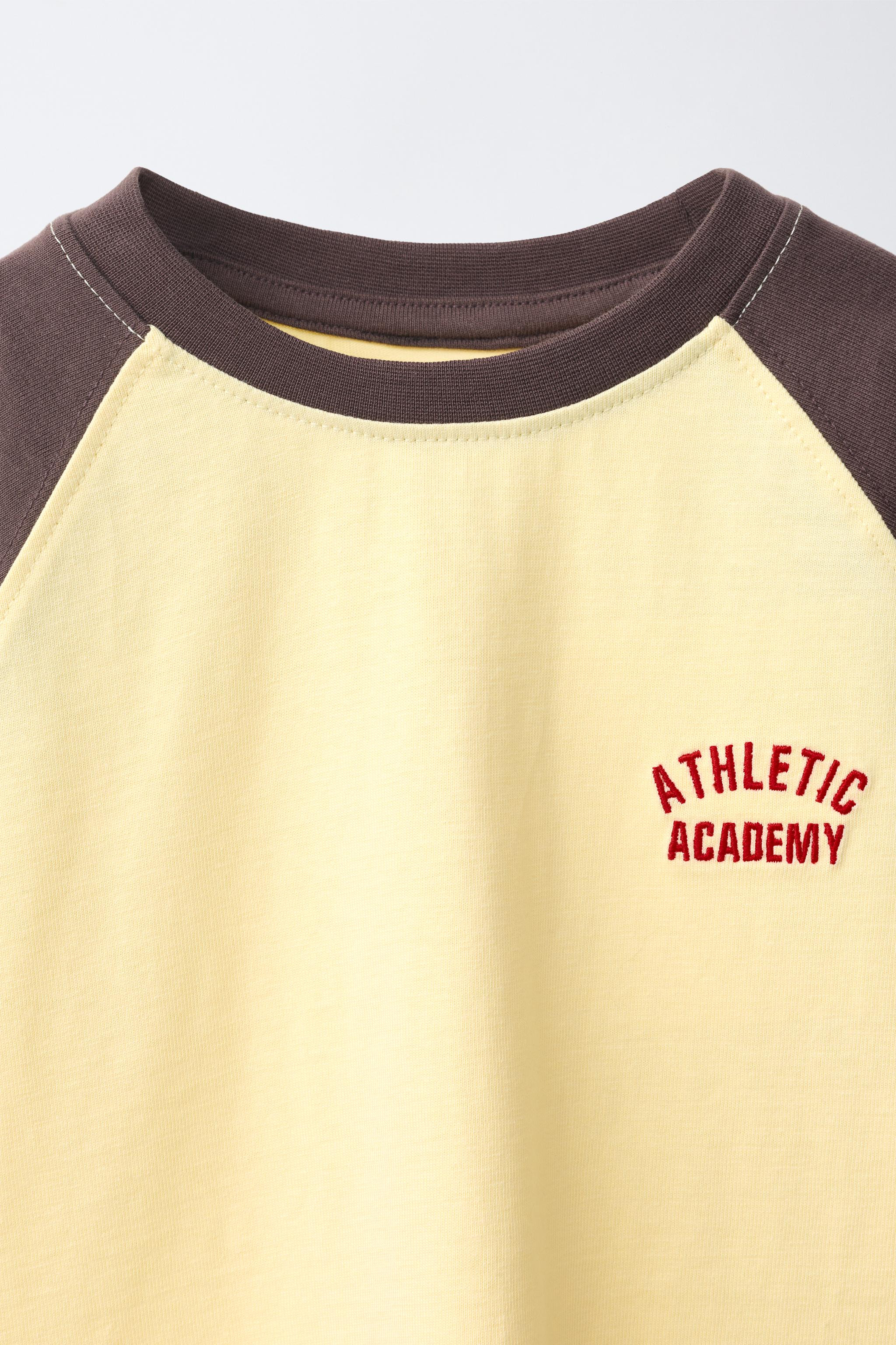 Round neck T-shirt with long raglan sleeves. Embroidered text detail at the chest. | Zara US