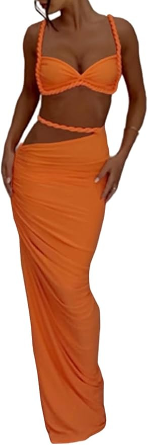SHINFY Womens Summer Two Piece Maxi Skirt Sets Sexy Corset Top Ruched Long Skirt Beach Dress 2 Pi... | Amazon (US)