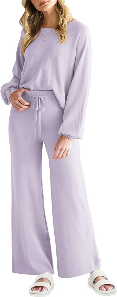 ANRABESS Women’s Two Piece Outfits Sweatsuit Long Lantern Sleeve Crewneck Crop Top with Wide Le... | Amazon (US)