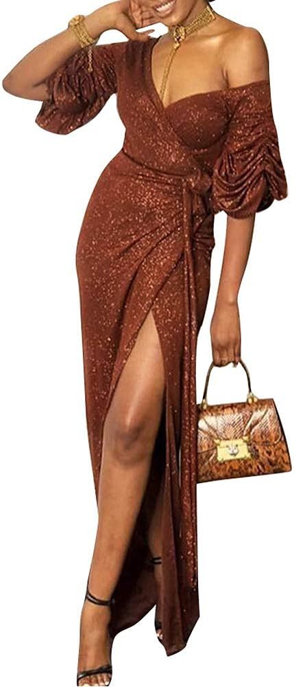 Remelon Women Long Sleeve Shiny Glitter Mesh Cut Out Bodycon Flowy Mermaid Party Maxi Long Dresse... | Amazon (US)