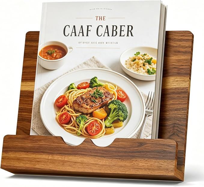 Adjustable Acacia Wood Cookbook Stand for Kitchen Counter | Sturdy recipe book holder fits thick ... | Amazon (US)
