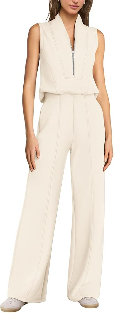 Amazon.com: SENSERISE Womens Summer Jumpsuit Dressy Casual Sleeveless One Piece Jumpsuit Half Zip... | Amazon (US)