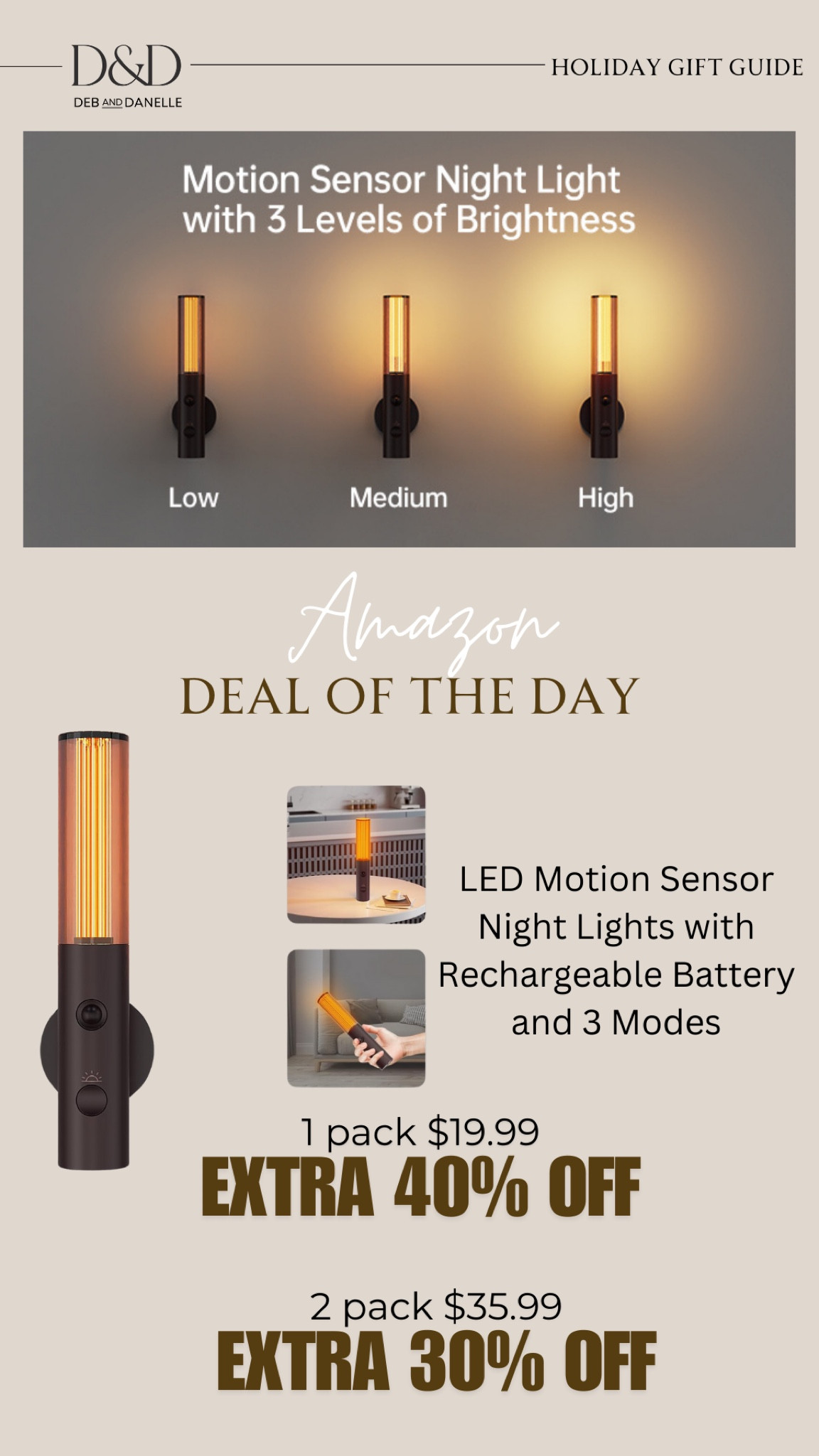 Deal of the Day: I just ran across this great deal on Amazon on these rechargeable motion-sensing LED night lights. It is 40% off a one pack and 30% off the two pack. We have something similar and love them. 

#LTKGiftGuide #LTKHome #LTKSaleAlert