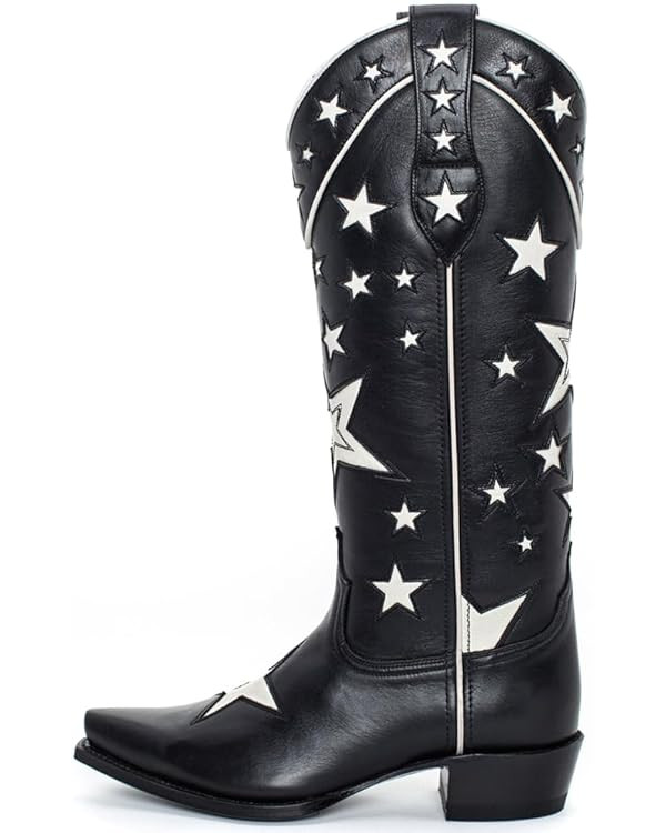 YIYA Women's Star Cowboy Boots Black and White Cowgirl Boots with White Stars Pointed Toe Chunky ... | Amazon (US)