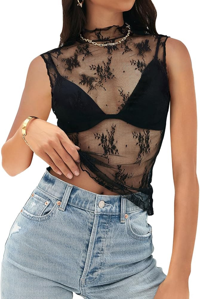 MEROKEETY Women's 2024 Sleeveless Sheer Mesh Crop Top Mock Neck Summer Sexy Lace Tank Y2K See Thr... | Amazon (US)