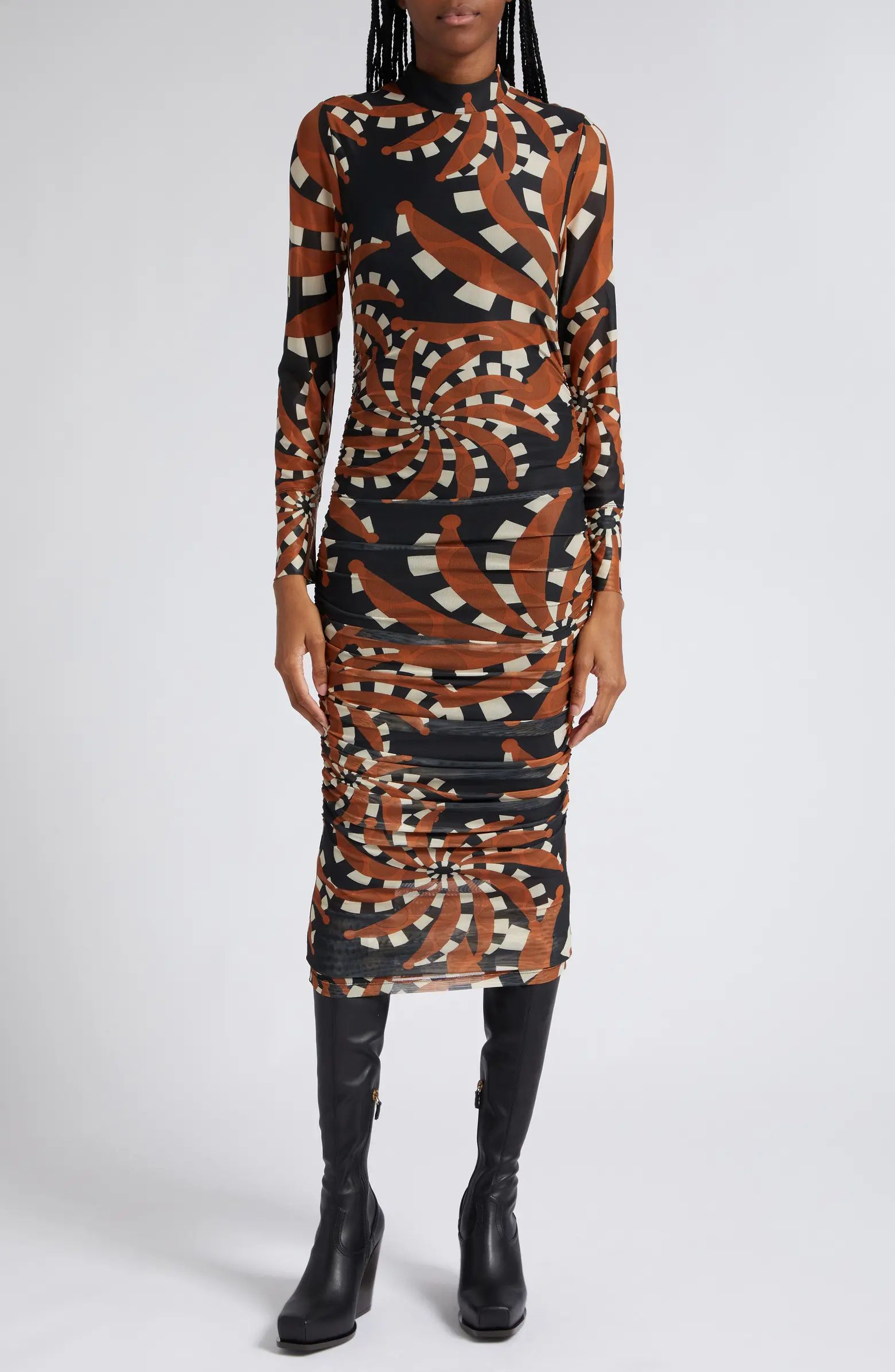 FARM Rio Bandana Mixed Geo Print Long Sleeve Mesh Midi Dress | Nordstrom | Nordstrom