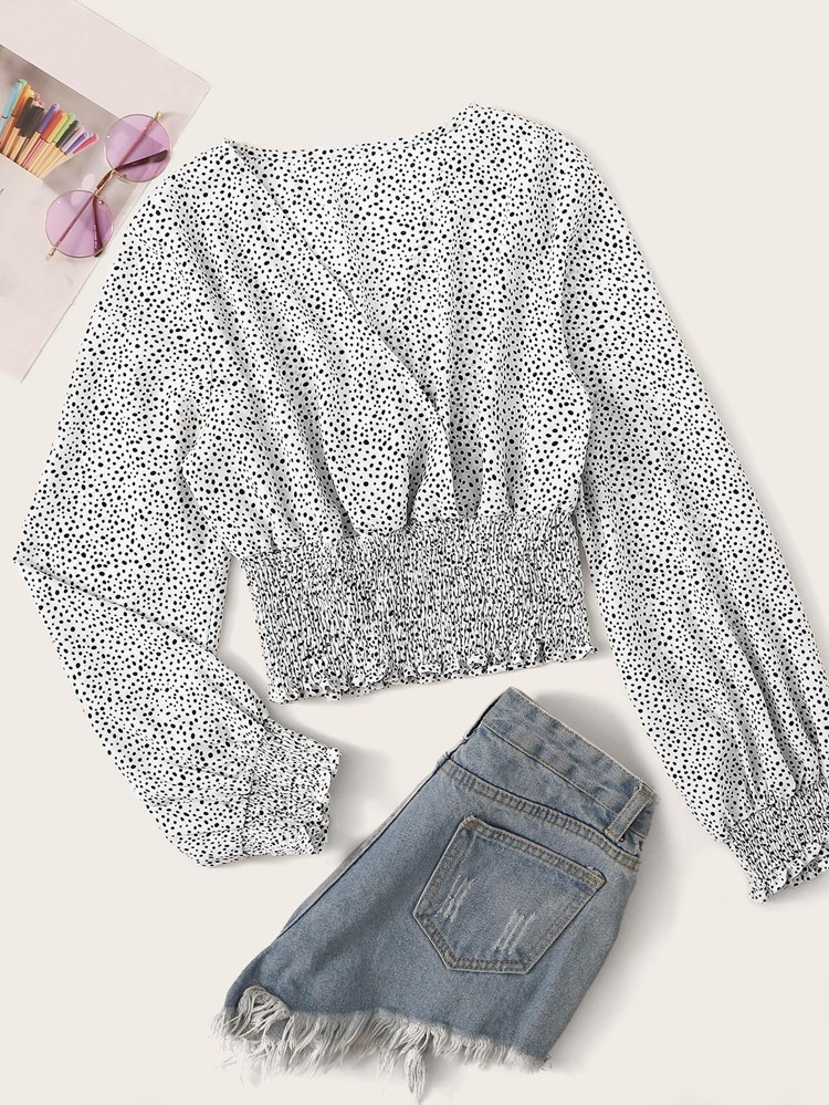 Speckled Smocked Long Sleeve Top | SHEIN