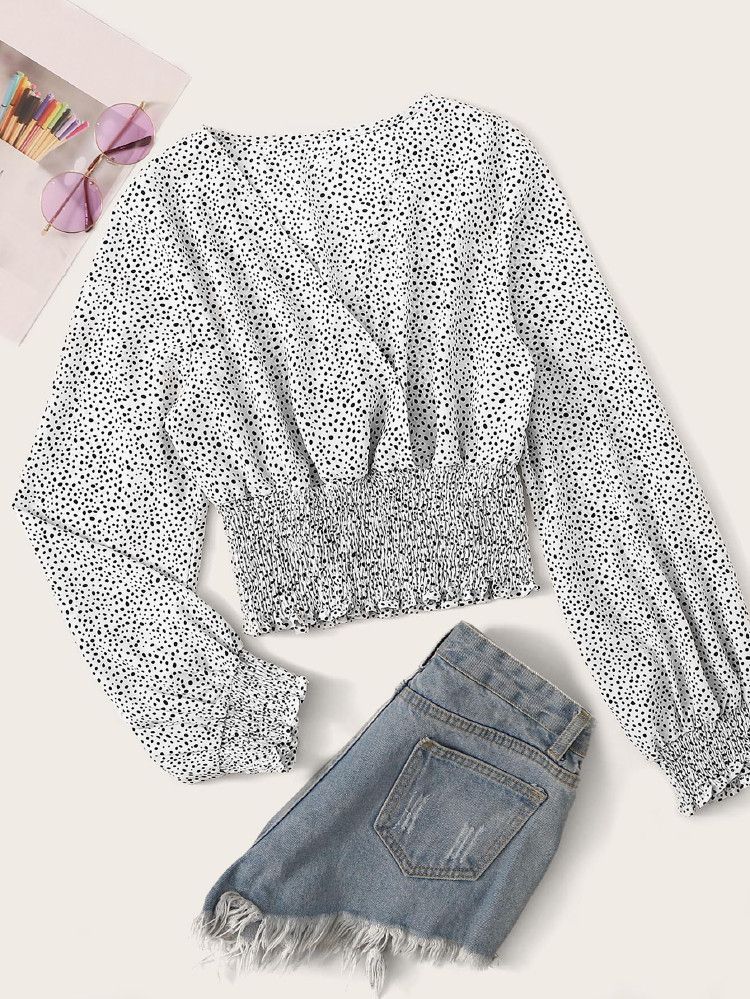 Speckled Smocked Long Sleeve Top | SHEIN