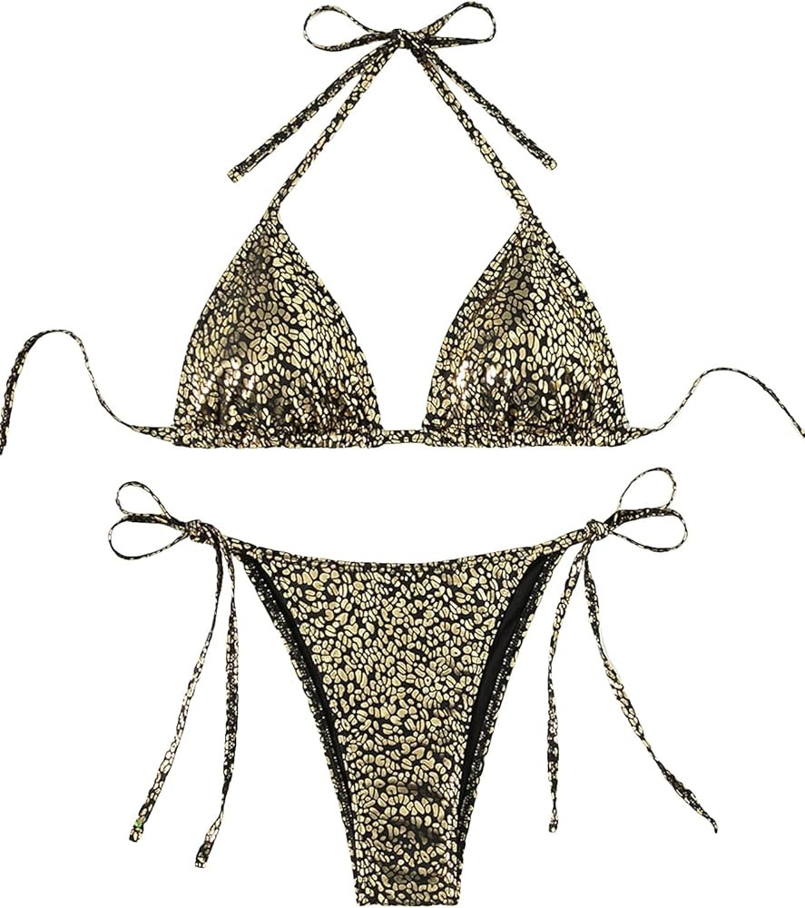 SOLY HUX Women's Allover Print Halter Triangle Tie Side Bikini Sets Two Piece Swimsuit Bathing Su... | Amazon (US)