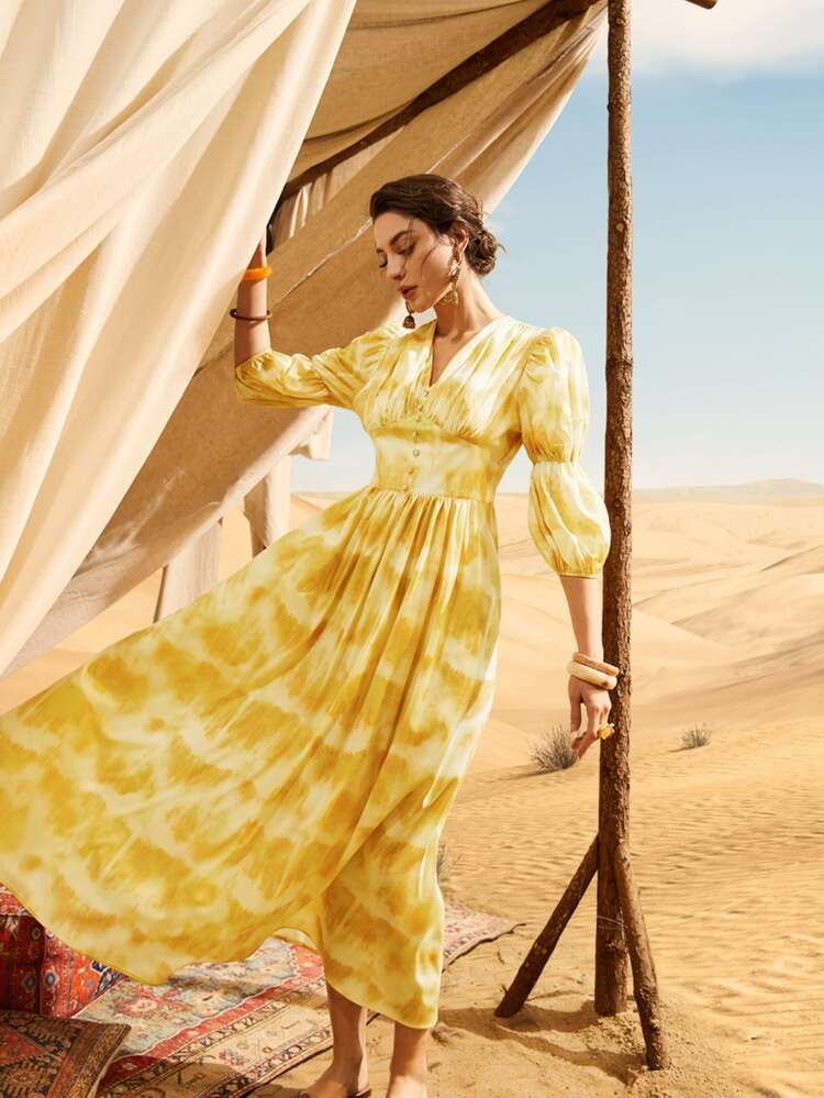 SHEIN Tie Dye Gathered Sleeve Dress | SHEIN