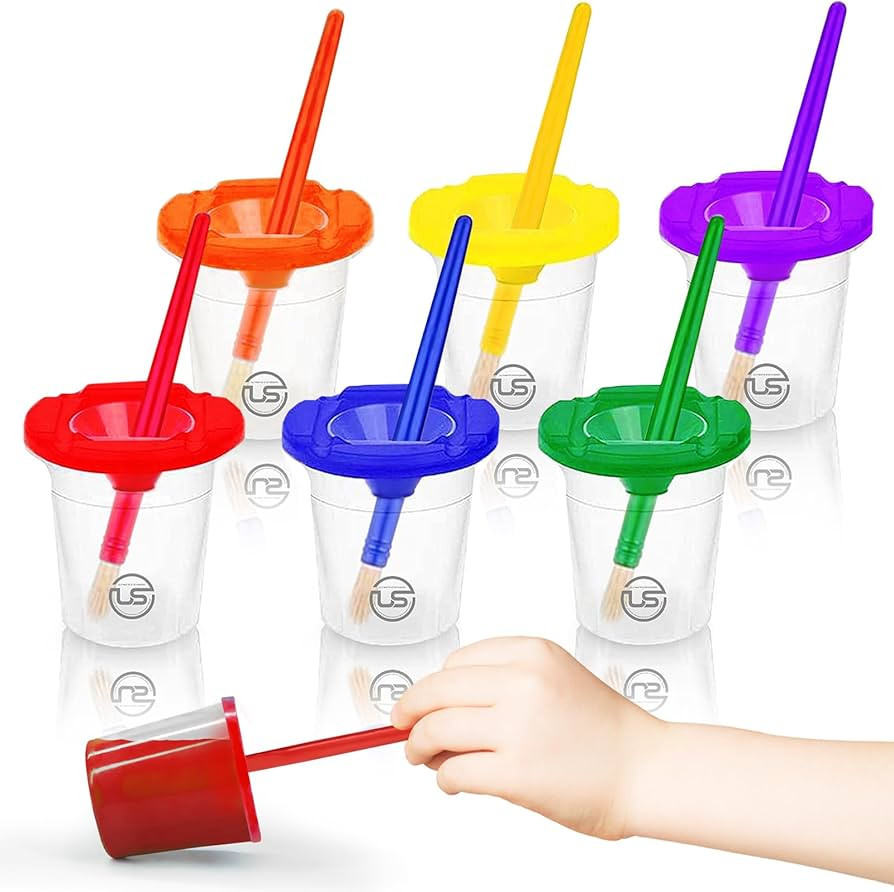 Paint Cups with Lids for Kids - 6 Paint Containers with Lids, 6 Toddler Paints Brushes - Toddler ... | Amazon (US)