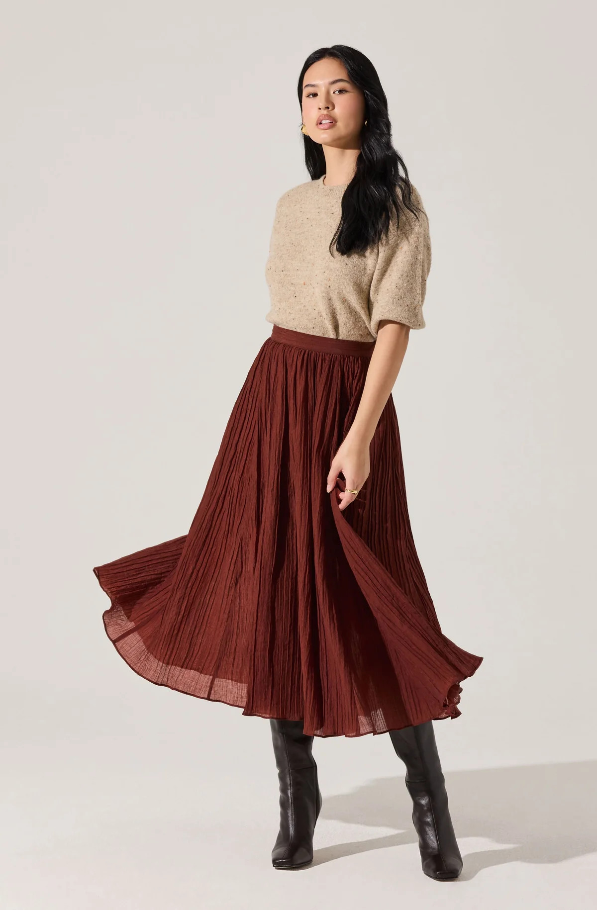 Salome Pleated Flare Midi Skirt - Burnt brown / XS | ASTR The Label (US)