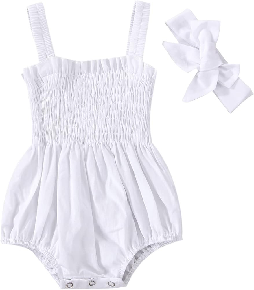 FOMOYUU Newborn Baby Girl Romper Summer Sleeveless Smocked Cotton Linen Clothes Outfit with Headb... | Amazon (US)