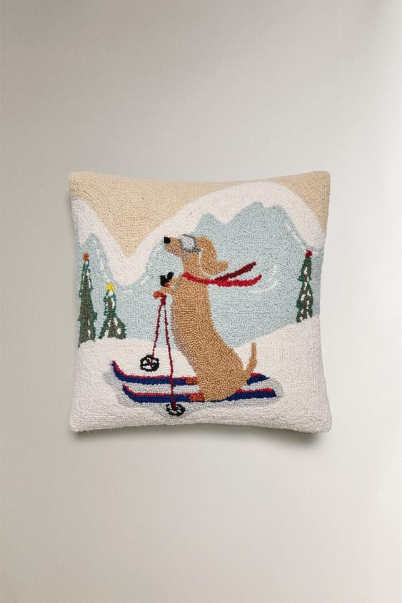 CHRISTMAS SKI DOG WOOL THROW PILLOW COVER | Zara US