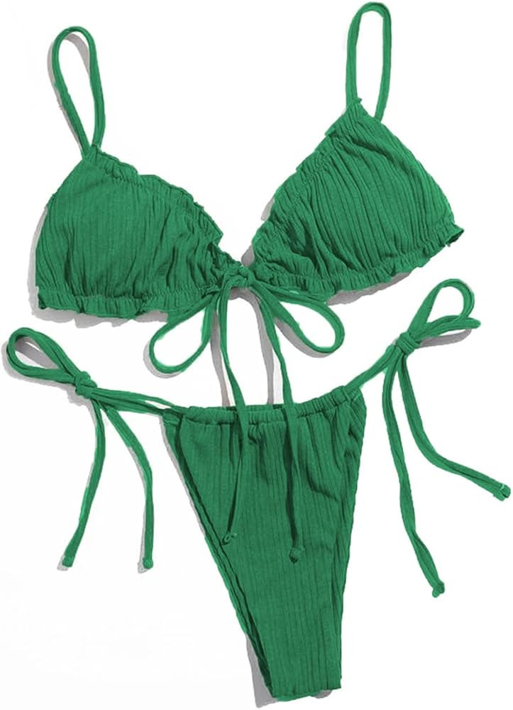 Lilosy Sexy Ribbed Padded String Thong Brazilian Bikini Swimsuit Set for Women Side Tie Knotted B... | Amazon (US)