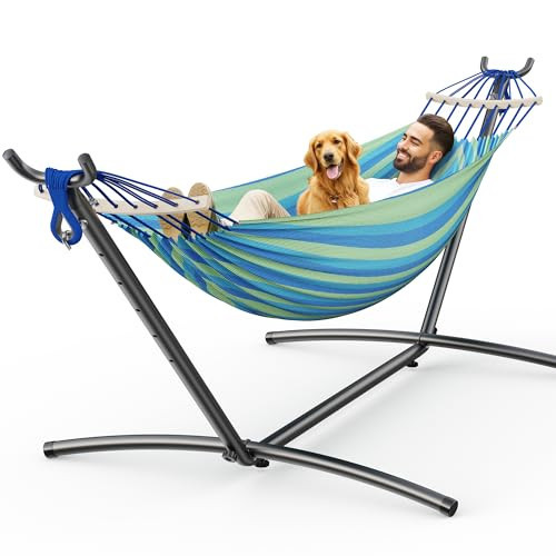 ANAGOO Double Hammock with Stand, 2 Person Hammock with Anti-Rollover Spreader Bar, Adjustable Height Heavy Duty Steel Stand, 500LB Capacity Portable Hammock for Patio Backyard Camping, Wide Blue | Amazon (US)