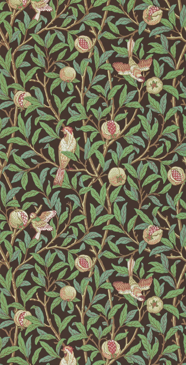 Morris & Co Bird & Pomegranate Charcoal/Sage Wallpaper | DecoratorsBest