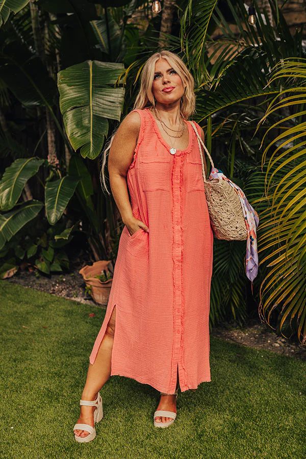 Free Spirited Frayed Midi in Coral Curves | Impressions Online Boutique