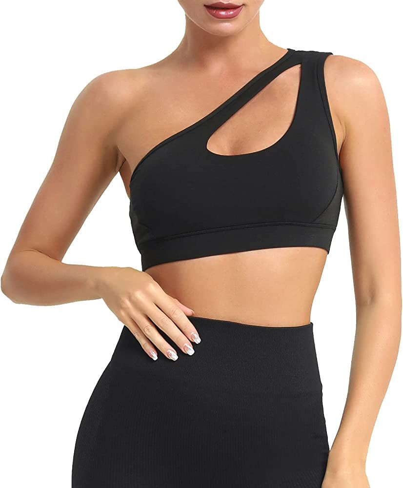 MATHACINO One Shoulder Sports Bra for Women Sexy Cute Workout Yoga Bra Medium Support | Amazon (US)