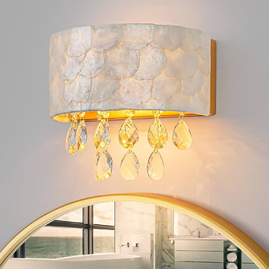 LumFurn 2-Light Capiz Shell Crystal Wall Sconces, Coastal Design Indoor Wall Lamp, Vanity Wall Mo... | Amazon (US)