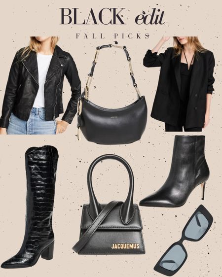 Black edit, fall picks, leather jacket, shoulder bag, blazer, tall boots, handbag, booties, designer, sunglasses 

#LTKstyletip #LTKSeasonal
