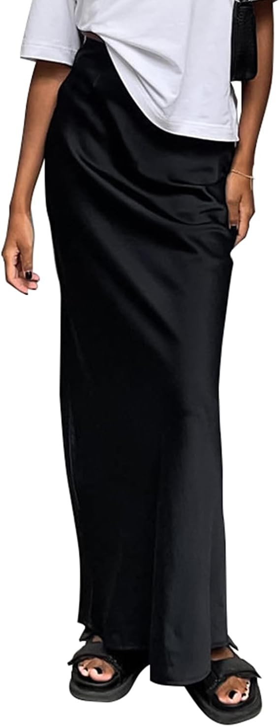 Women's Satin Silky High Waist Maxi Skirt Elegant Elastic Waistband A Line Long Skirts | Amazon (US)