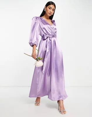 Vila Bridesmaid wrap front maxi dress in purple satin | ASOS (Global)