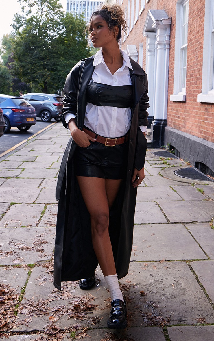 Black Faux Leather Rounded Shoulder Belted Maxi Trench Coat | PrettyLittleThing US