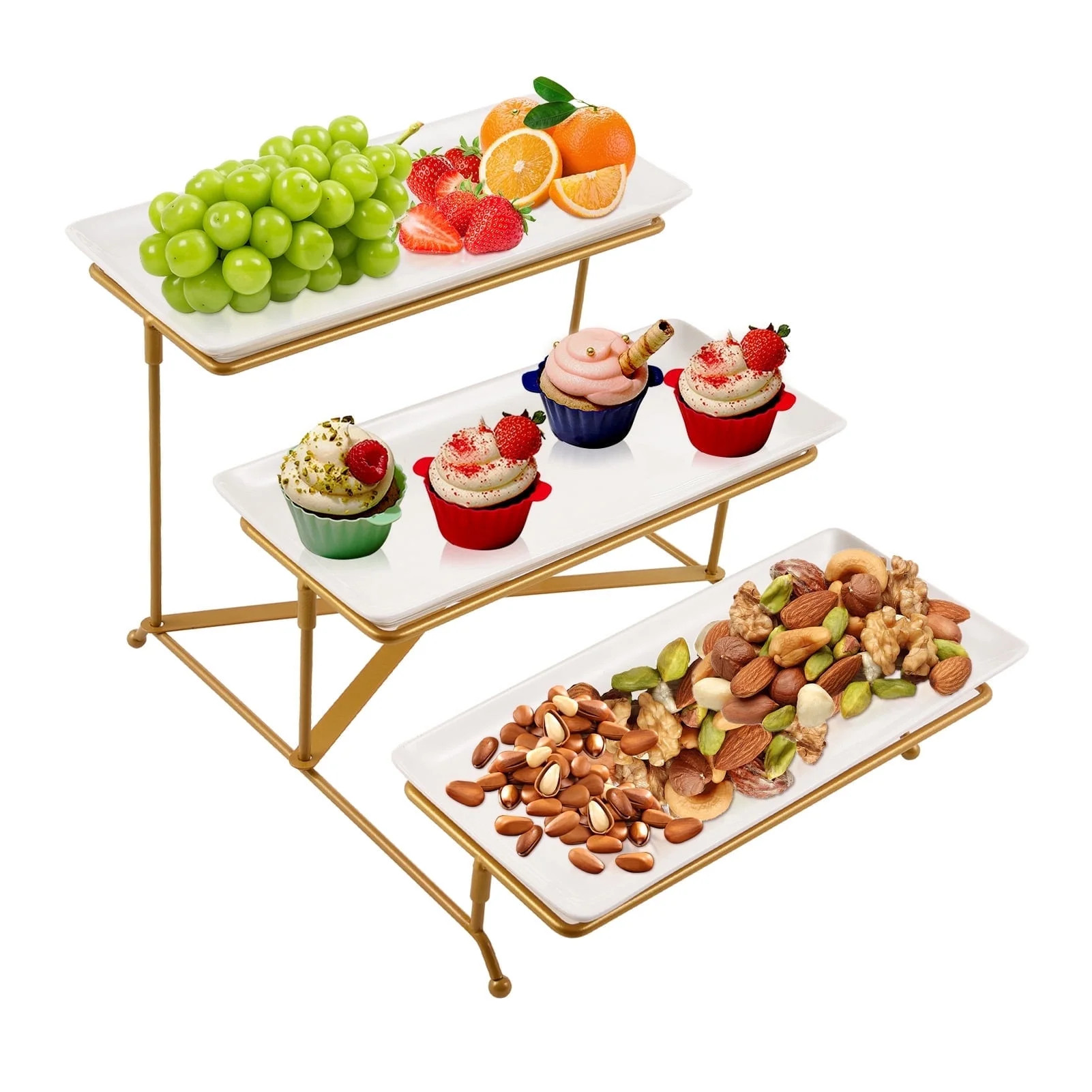 DCENTA 3 Tier Serving Tray Set, 12 Inch Porcelain Tiered Serving Trays Platters with Collapsible ... | Walmart (US)