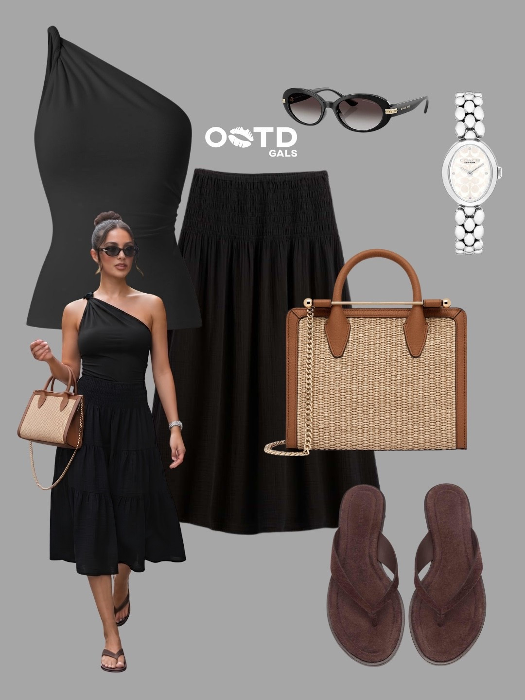 Black one-shoulder top and midi skirt outfit 🖤✨

A chic and effortless all-black look for warm weather. Styling this sleek black one-shoulder top with a breezy tiered midi skirt creates a sophisticated, flattering silhouette. The structured woven rattan bag and brown suede sandals add the perfect touch of earthy texture for vacation dinners or weekend plans.

Style Details:
• Black fitted one-shoulder top
• Black tiered midi skirt with smocked waist
• Woven rattan handbag with brown leather trim and chain strap
• Brown suede thong sandals
• Black oval sunglasses
• Silver pebble link watch

Recreate this elevated summer style with the similar links below!

Do you like wearing all-black outfits during the summer? What do you think? 👇

#LTKFashionMonth #LTKeurope #LTKsummer