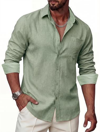Ailisus Mens Linen Shirts Long Sleeve Casual Button Down Shirt Untucked Regular Fit Contrast Collar Dress Shirt with Pocket Sage Green | Amazon (US)