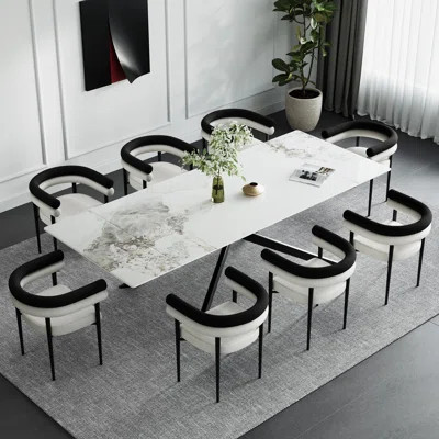 9 - Piece 110'' Extendable Dining Table Set Sintered Stone Dining Table With 8 Fabric Arm Chairs | Wayfair North America
