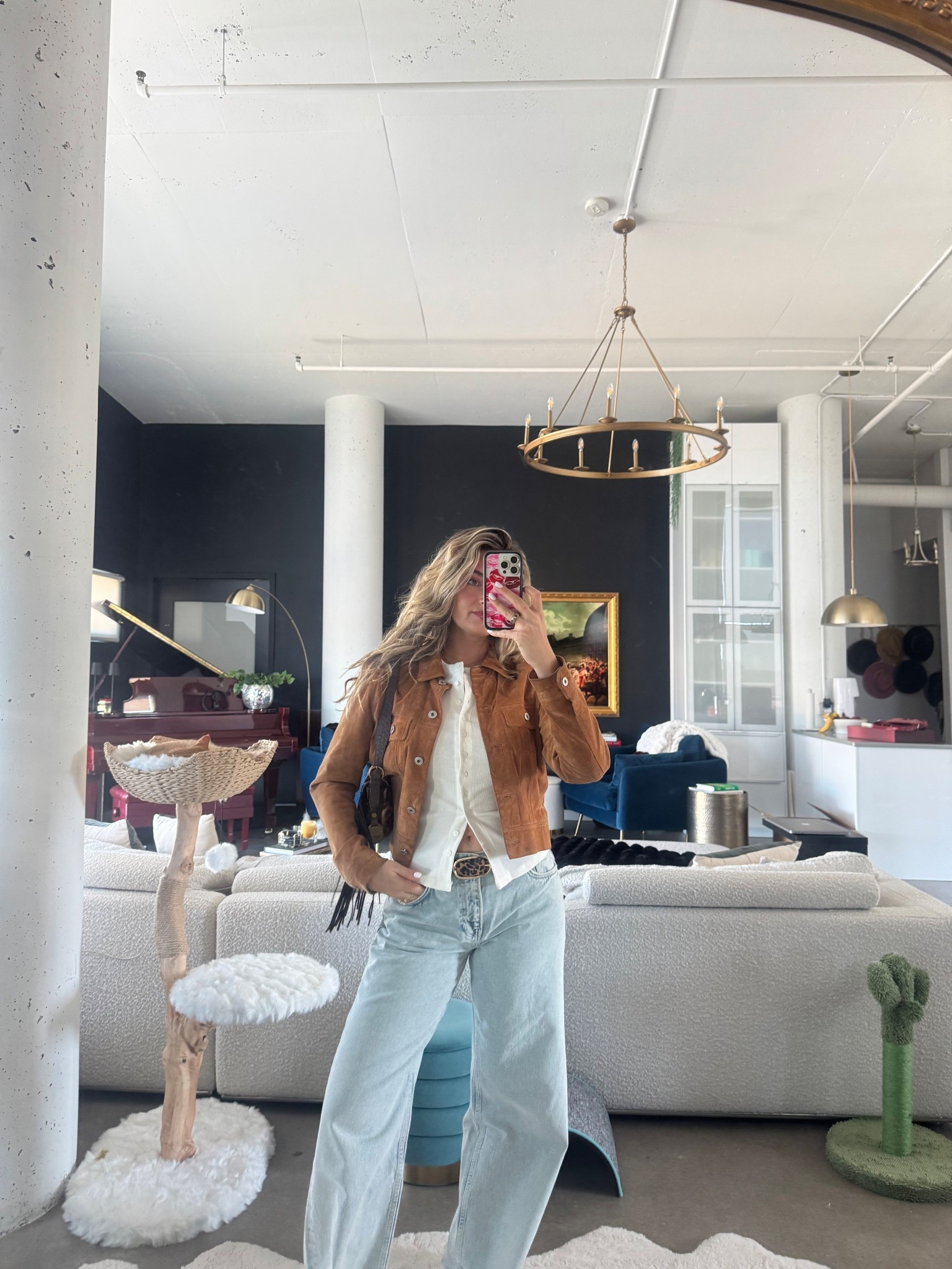 I’m wearing a size small T-shirt, 27 in the jeans and this jacket is vintage but I linked similar ones  