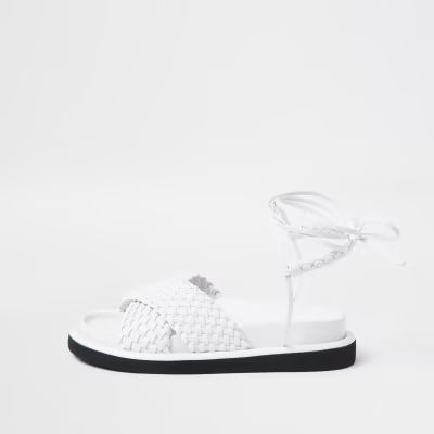 White faux leather weave ankle tie sandals | River Island (UK & IE)