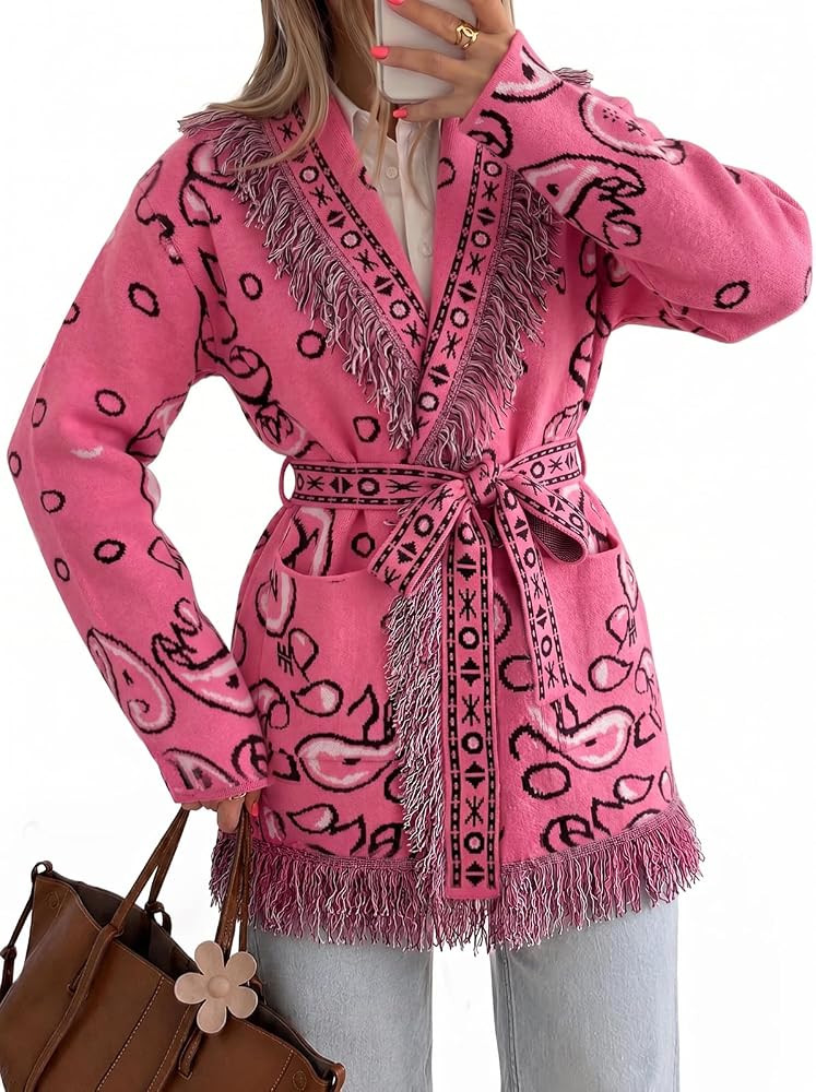 Tankaneo Womens Fringe Cardigan Long Sleeve Paisley Sweaters with Belt | Amazon (US)
