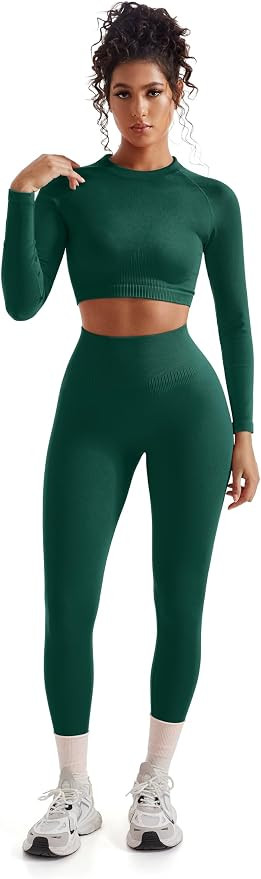 SUUKSESS Women 2 Piece Workout Sets Hidden Scrunch Hip Lifting Seamless Leggings Long Sleeve Yoga... | Amazon (US)