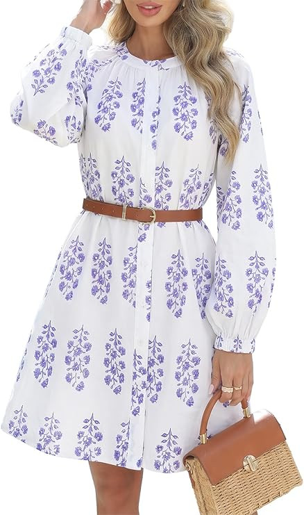 EZAPINE Floral Dress for Women Balloon Sleeve Print Button Front Cotton Mini Shirt Dresses with P... | Amazon (US)