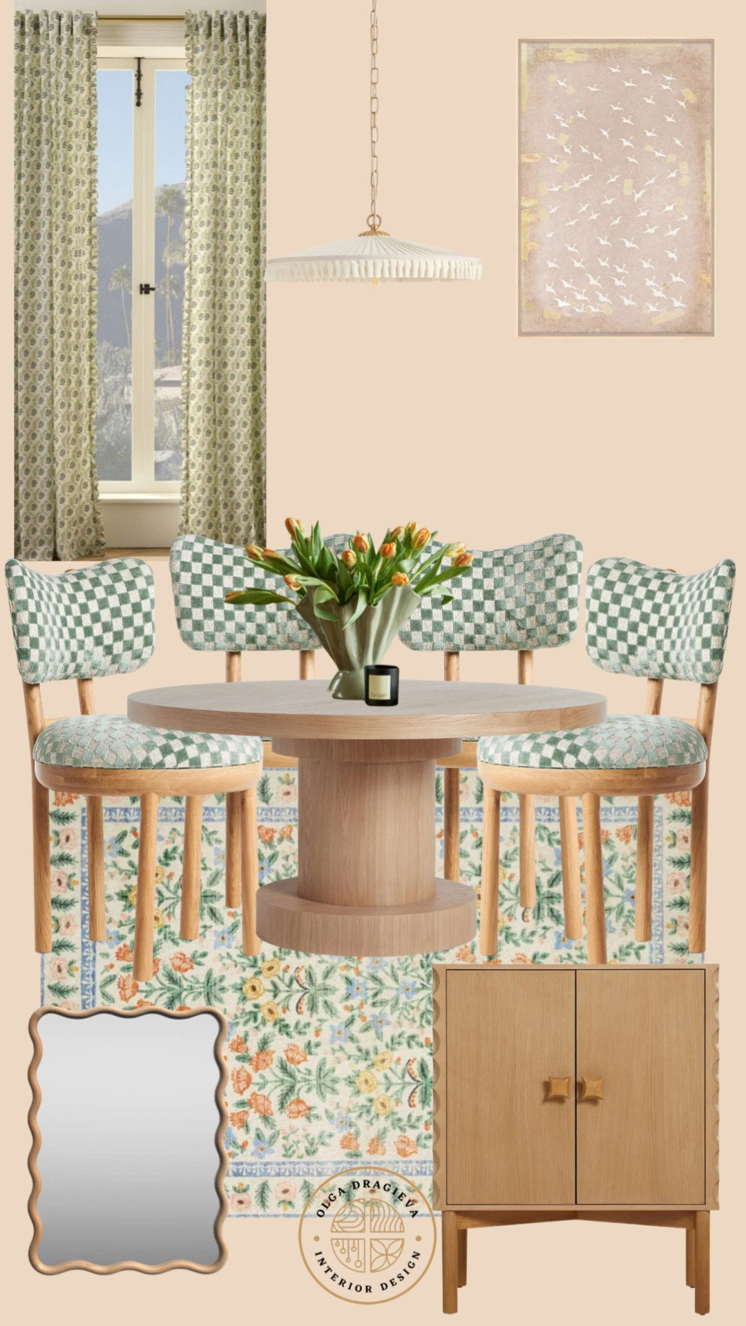 Maximalist dining room mood board! Dining room decor, checkered dining room chairs, dining room table, curvy mirror, green curtains, wall art, bar cabinet, paint—Setting Plaster Farrow & Ball. 